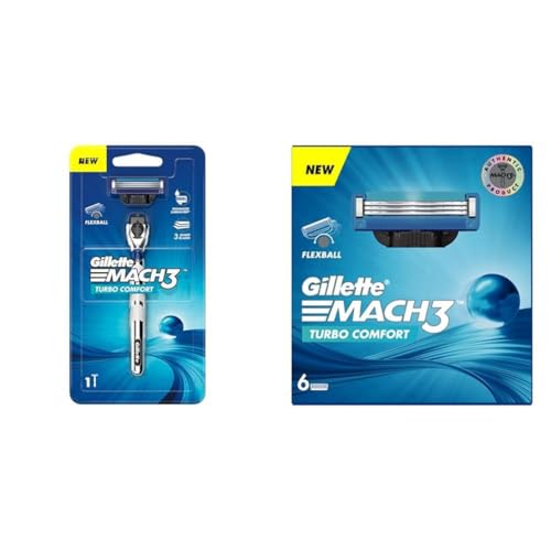 Gillette Mach3 Turbo Men's Razor With Flexball Technology | Pack Of 1 Razor And Turbo 3 Shaving Blades- Pack Of 6 (Cartridges)