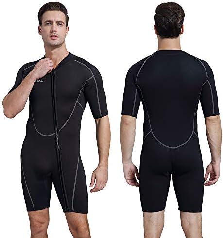 Mens 3mm Shorty Wetsuit, Premium Neoprene Front Zip Short Sleeve Diving Wetsuit Snorkeling Surfing (Shorty Wetsuit Black, S)
