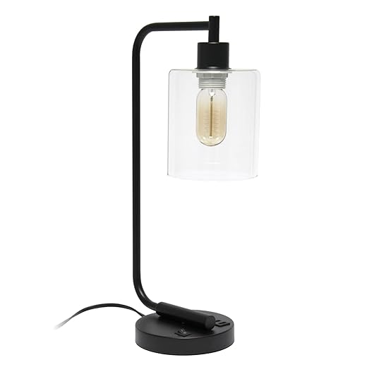 Simple Designs LD1036-BLK Bronson Antique Style Industrial Iron Lantern Desk Bedside Glass Shade Table Lamp, Black