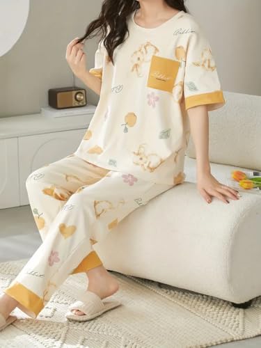 Image of GLASGO Women's Cotton Pajama Set with Top & Pants|| Korean Night Wear|| Loose Fit Home Wear || Lightweight Printed Set || Soft & Comfy Sleepwear for Girls & Women || LNS-4-$