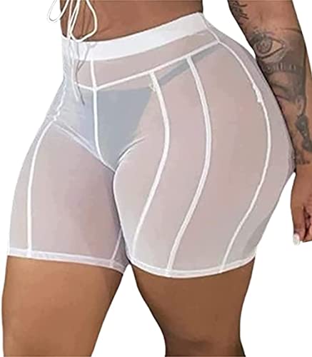 aihuajie Sexy Sheer Mesh Biker Shorts High Waist See Through Skinny Short Leggings for Women(White,S)