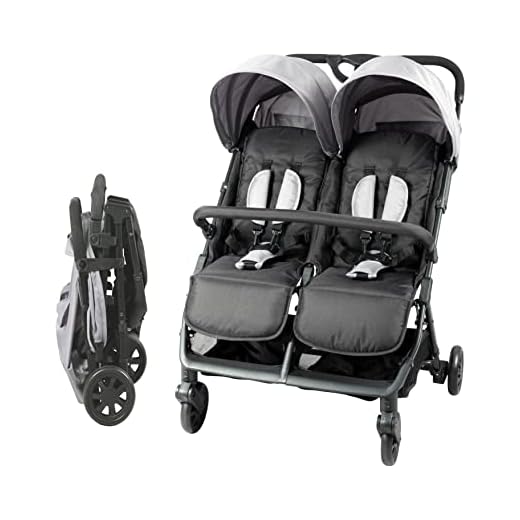 Bambisol Poussette Double Côte à Côte | Pour Jumeaux dès la Naissance, Pliage Ultra-Compact | Noir Gris