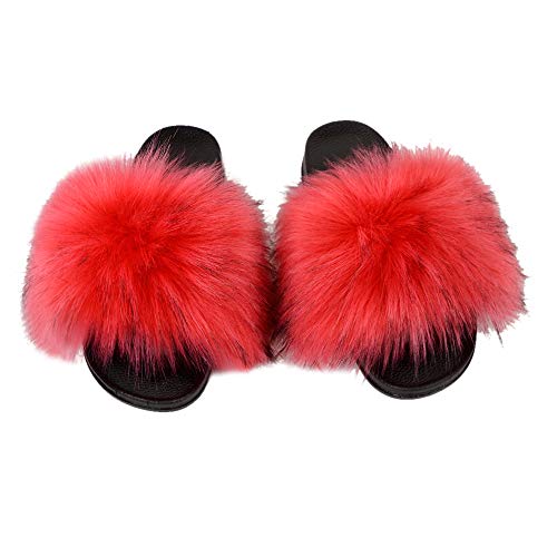 Image of MH Bailment Womens Furry Fluffy Slippers Faux Fur House Slippers Open Toe Fuzzy Slides Soft Flat Slip On Sandals for Indoor Outdoor