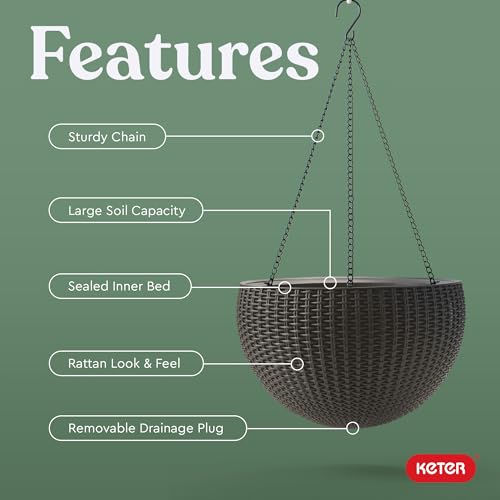 Keter Resin Rattan Set of 2 Round Hanging Planter Baskets for Indoor and Outdoor Plants-Perfect for Porches and Patio Decor, Cappuccino - Image 6