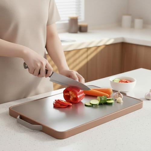 Image of Herrlich Homes Stainless Steel Chopping Board for Kitchen | 38 x 28 cm Large Dual Side Cutting Board with Handle | Anti-Skid Heavy Duty Reversible Board for Vegetables, Meat, Fruits, Chapati Kneading