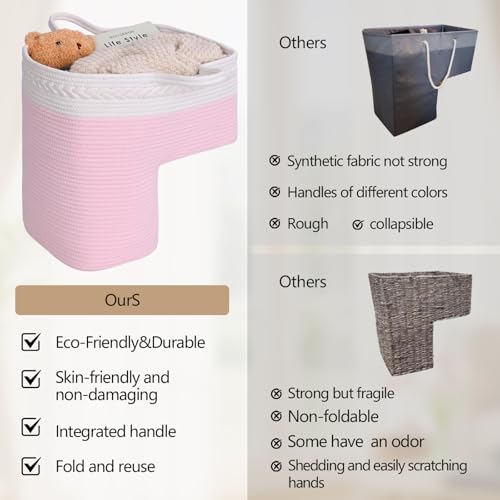 Image of Stair Basket for Wooden & Carpeted Stairs, Foldable Cotton Rope Step Basket with Handles, Staircase Storage Organizer, Pink, 15 inch Lx 10 inch W x 15 inch H