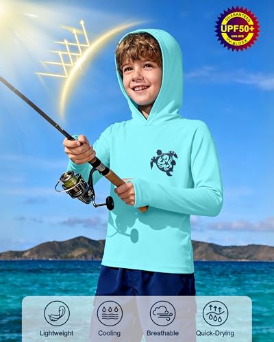 Image of Boys Rash Guard Swim Hoodie, Kids Long Sleeve Sun Fishing Shirts