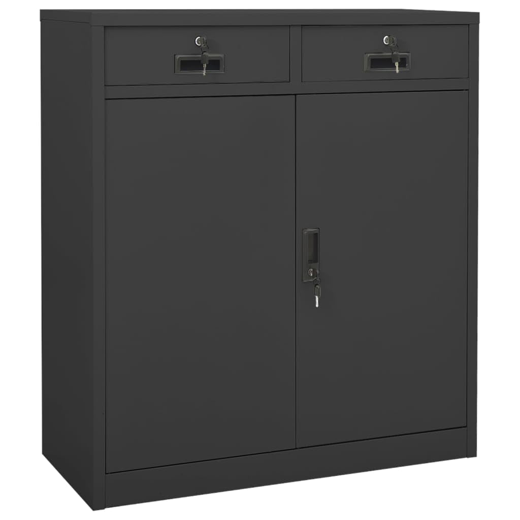 Armario de oficina con jardinera antracita de acero, 90 x 40 x 125 cm, se puede cerrar con 2 cajones y 2 estantes, espacio de almacenamiento para oficina y hogar