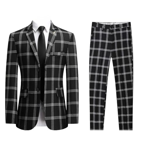 Men's Plaid Suit, Slim Fit Polyester Blend Long Sleeve Tuxedo with Chest Pocket, Machine Washable