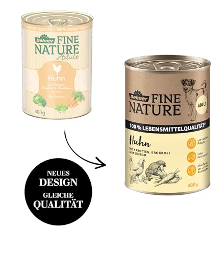 Dehner Fine Nature Hundefutter, Nassfutter in Lebensmittelqualität, für ausgewachsene Hunde, Huhn, 6 x 400 g Dose (2.4 kg)