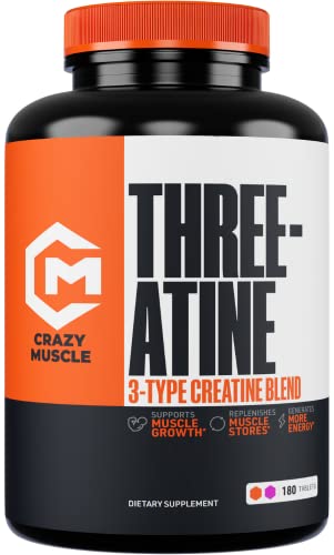 Crazy Muscle Creatine Monohydrate Pills – Premium 3 Type 5g Creatine Pills – Pre/PostWorkout & Keto Energy Builder – Easy-to-Take Three-Atine Pills for Optimum Performance Men Women – 180 Tablets