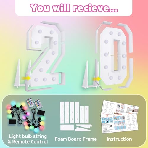 Image of Colorful 4FT Marquee Numbers Light up Numbers 20 Birthday Decoration | RGB with Remote, Party Decorations Anniversary Wedding Decorations Assembly Required Foam Board 40 Pcs Accessory Set
