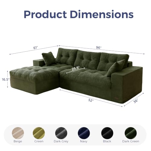 Image of MAXYOYO 96 inch L Shaped Modular Sectional Sofa with Ottoman, Cloud Boneless Couch with Layered Cushion, Upholstered Sofa in a Box, Flexible Module Combination for Living Room, No Assembly, Dark Green