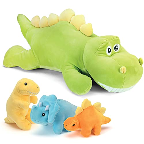 PREXTEX 15-Inch Stegosaurus Stuffed Dinosaur with 3 Baby Plush Toys Inside - Large Zippered Pouch Dinosaur for Boys and Girls, Soft Dinosaur Toys for Kids 3 and Up
