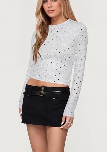 Women Polka Dot Long Sleeve Crop Tops Slim Fit Crew Neck Casual T Shirts Fall Basic Going Out Top2