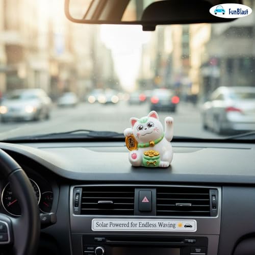 Image of FunBlast Maneki Neko Lucky Cat, Waving Arm Solar Powered Good Luck Wealth Welcoming Display Car Decor Paw Up with Arm, Decor Item for Home, Office and Car (Green)