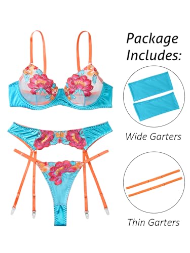 Image of Lilosy Sexy Leaf Floral Embroidered Mesh Sheer Women Underwire Push Up Lingerie Set