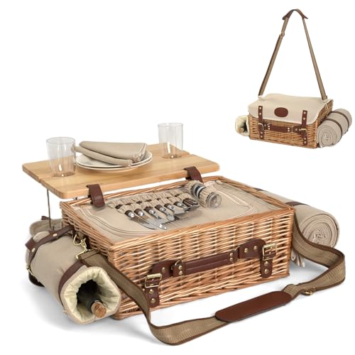 Comparativas de A vajilla completa favoritos de las personas. 34 Mutifuncional - Juego de cesta de picnic de mimbre para 2 personas con manta y mesa de picnic, juego de picnic aislado con vajilla completa para acampar al aire última...