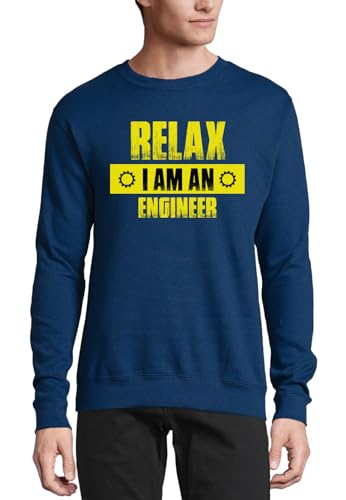 Pull bleu marine Relax I Am An Engineer sweat coton jaune engrenages homme
