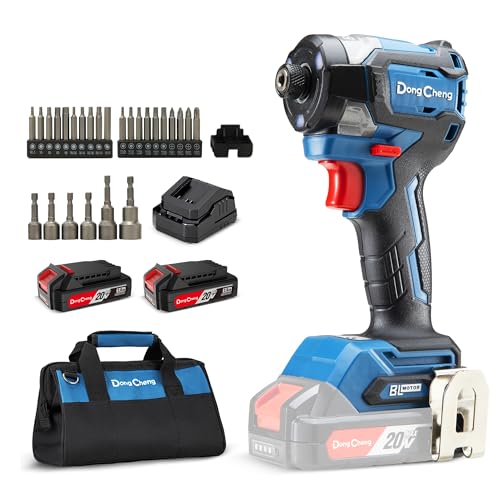 Image of Dong Cheng 20V 4.2 inch Compact Impact Driver, 1840in-lbs Torque, with 2 x 2.0Ah Batteries, 1 /4 inch Hex Chuck, 3200RPM, 4300IPM, Brushless Impact Driver for Cabinetry, Deck Building & HVAC Installation