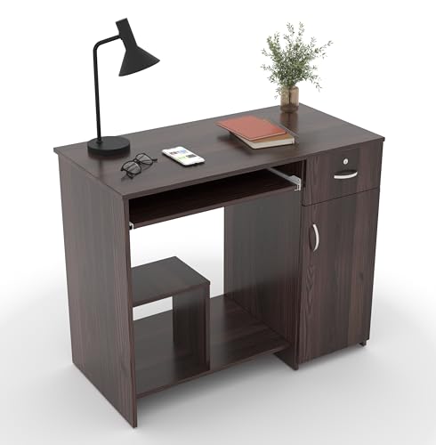 Image of 45x90x76CM Engineered Wood Study & Office Table with Drawer, Cabinet Storage & Keyboard Tray | Sturdy, Foldable DIY Multipurpose Table- Wenge