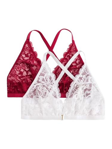 Image of MakeMeChic Women's Plus Size Lace Bralette Front Closure Bras Wireless Deep V Triangle Sexy Lace Bra