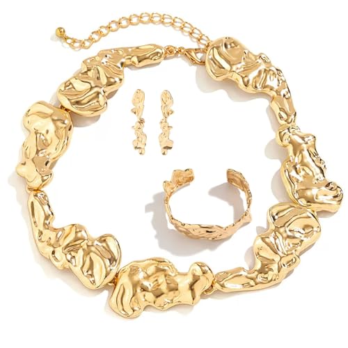 3 Pcs Metal Big Open Choker Necklace Bracelet Earrings for Women Adjustable Gold Baroque Pearl Choker Necklaces Round Necklace Suitable for Party ummer Beach Bead Body Chain Jewelry