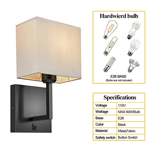 Image of PASSICA DECOR Hardwired Wall Sconces Set of 2 Modern Fabric Wall Mount Light Fixture Indoor Black Wall Sconce with Switch for Bedroom Bedside Living Room Fireplace Farmhouse