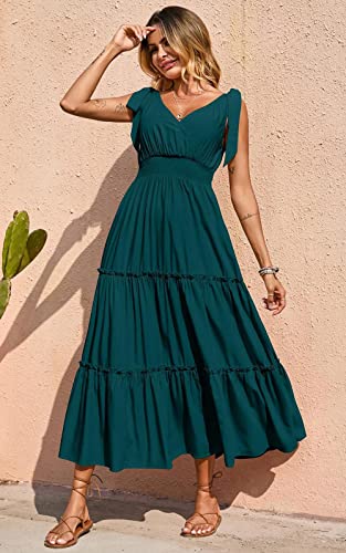 Image of PRETTYGARDEN Women's Cross Neck Summer Sleeveless Tiered Maxi Dress Beach Tie Strap Smocked Long Dresses Pleated Sundress