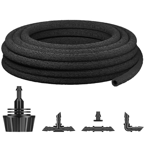 Pawfly 50 ft Soaker Hose 1/4 Drip Irrigation Tubing Porous Drip Hose for Garden Drip Line System Garden Beds Raised Beds & Vegetable Gardens Rubber Irrigation Hose with Barbed Connectors
