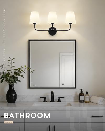 Image of Bathroom Light Fixtures, 3-Light Matte Black Vanity Lights with Flared Beige Fabric Shade, Vintage Sconces Wall Lighting for Hallway Bedroom, VL837-MB-B-3