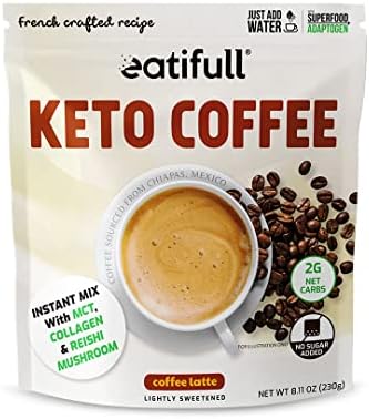 Keto Coffee Latte - Instant Coffee with Collagen, MCT & Reishi Mushroom (0g Sugar Added) with 3g Protein - Sweetened with Stevia