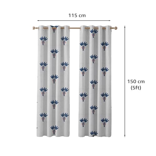 Image of Amazon Basics - Floral Print Light Filtering Curtains | 100% Cotton 150 TC | Set of 2 | 5 Feet | 115 x 150 cm | Blue | Eyelets & Tiebacks| Ideal for Bedroom and Living Room