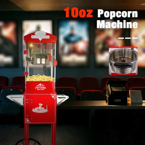 Image of Popcorn Machine with Cart, 10 Oz Kettle Makes Up to 3.5 Gallons, Vintage Popcorn Maker with Storage Cabinet & Scoop, Movie Theater Style Popper for Party, Red