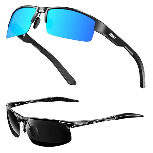 ATTCL Bundle Men's Fashion Driving Polarized Sunglasses for Men Fishing, cycling, and golf - Al-Mg metal Ultralight Frame:(8080-Black-Blue)+(8177-black-gray)