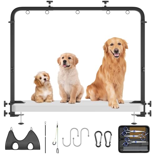 Dog Grooming Table Arm - Adjustable Height & Width Heavy Duty Dog Grooming Station with 4-Piece Scissors Comb Set Includes Adjustable Hammock & 2 No-Sit Haunch Holders for Dogs & Cats