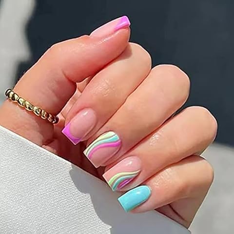 24 PCS Press on Nails Short Square False Nails Swirl Colorful Fake Nails Glossy French Stick on Nails Full Cover Cute Nails for Women and Teen Girls Cover