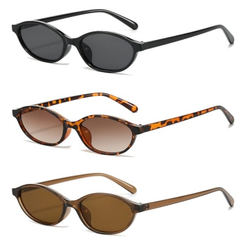 IKANOO 3 Pieces Retro Oval Sunglasses for Women Men Cat Eye 90s Style Trendy Small Lightweight Narrow Shades