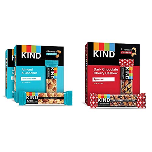 KIND Bars, Almond and Coconut, Gluten Free, 1.4 Ounce Bars, 24 Count & Bars, Dark Chocolate Cherry Cashew + Antioxidants, Gluten Free, 1.4 Ounce (12 Count)
