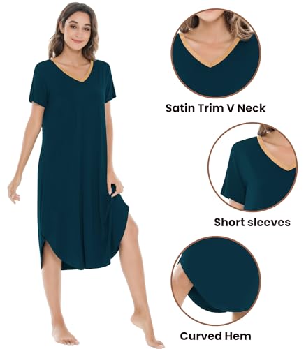 Image of NACHILA Nightgowns for Women-Viscose Made from Bamboo, V Neck Sleepshirts Short Sleeve Sleepwear Cool Nightshirt