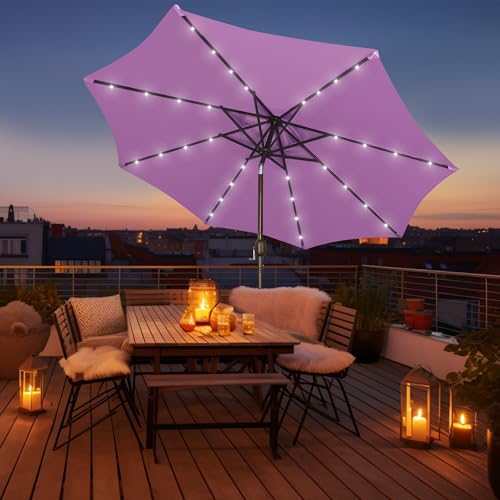 Image of Blissun 9 ft Solar Umbrella, Patio Umbrella with 32 LED Lights, Table Market Umbrella, Outdoor Umbrella for Garden, Deck, Backyard (Lilac)
