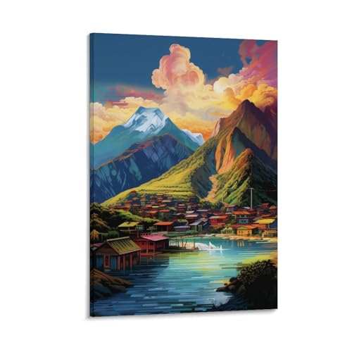 Affiche décoration pour salon et chambre : peinture sur toile motif villages 30x45