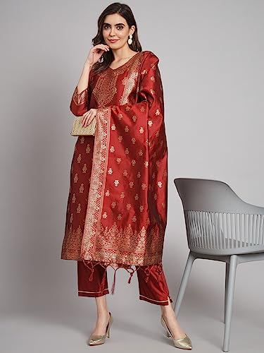 Image of VredeVogel Women's Cotton Silk Jacquard Kurta Pant Set with Banarasi Silk Dupatta