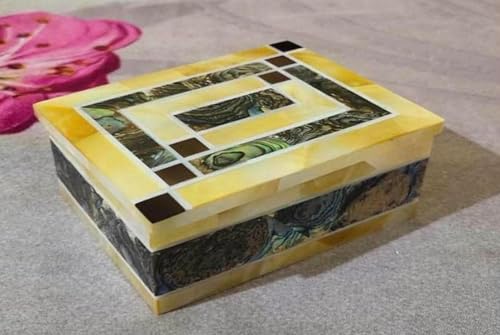 Joyero de 6 x 4 pulgadas superpuesto con piedra semipreciosa, forma rectangular, caja de dulces de mármol para decoración de mesa de café y comedor