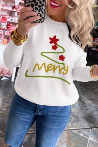 Image of LEMAFER Women 2026 Merry Christmas Round Neck Sequin Letters Sweater Casual Solid Slogan Long Sleeve Pullover Sweatshirt Tops