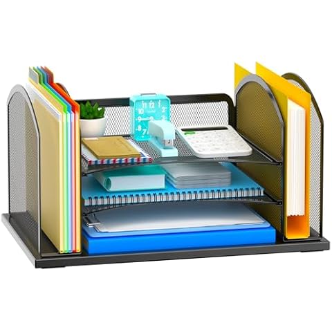 MINDEPOT Desk File Organizer, Metal Desk Magazine Folder Holder with 2 Vertical Compartments Rack File Organizer, 3 Tier Letter Tray Organizer for Office, Home, School, Black Cover