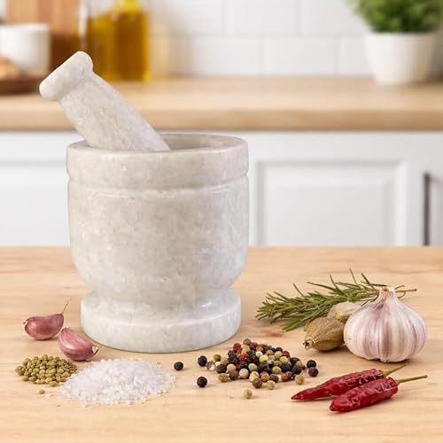 Image of JMH Mortar and Pestle Set 4 Inch White Marble | Hand Grinder for Spices, Herbs & Kitchen Use | Classic Round Design Khalbatta Okhli Musal (White, 4 Inch)