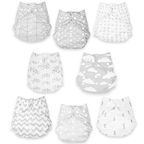BaeBae Goods Newborn Cloth Diapers  8 Reusable Cloth Diapers for Babies with 8 Cloth Diaper Inserts  Extra Leg Lining to Avoid Leakage - Waterproof Outside  Adjustable Size for Boys and Girls