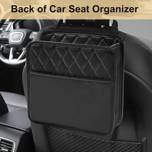 Image of Car Seat Back Organizer with Mesh Bottle Holder, Quilted Storage Pockets and Buckle Strap Attachment for Vehicle Seat Back or Trunk Storage