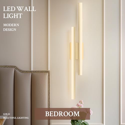 Image of LED Wall Sconce Gold Modern Remote Wall Light Fixtures for Living Room, Dimmable LED Vanity Light Indoor Remote Wall Sconce for Bedside Bedroom Bathroom Dining Room, L31.5inch 1 Pack